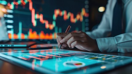 Naklejka premium Businessman analysis sales data graph indicators and business growth currency stock, . Financial and investment concept.