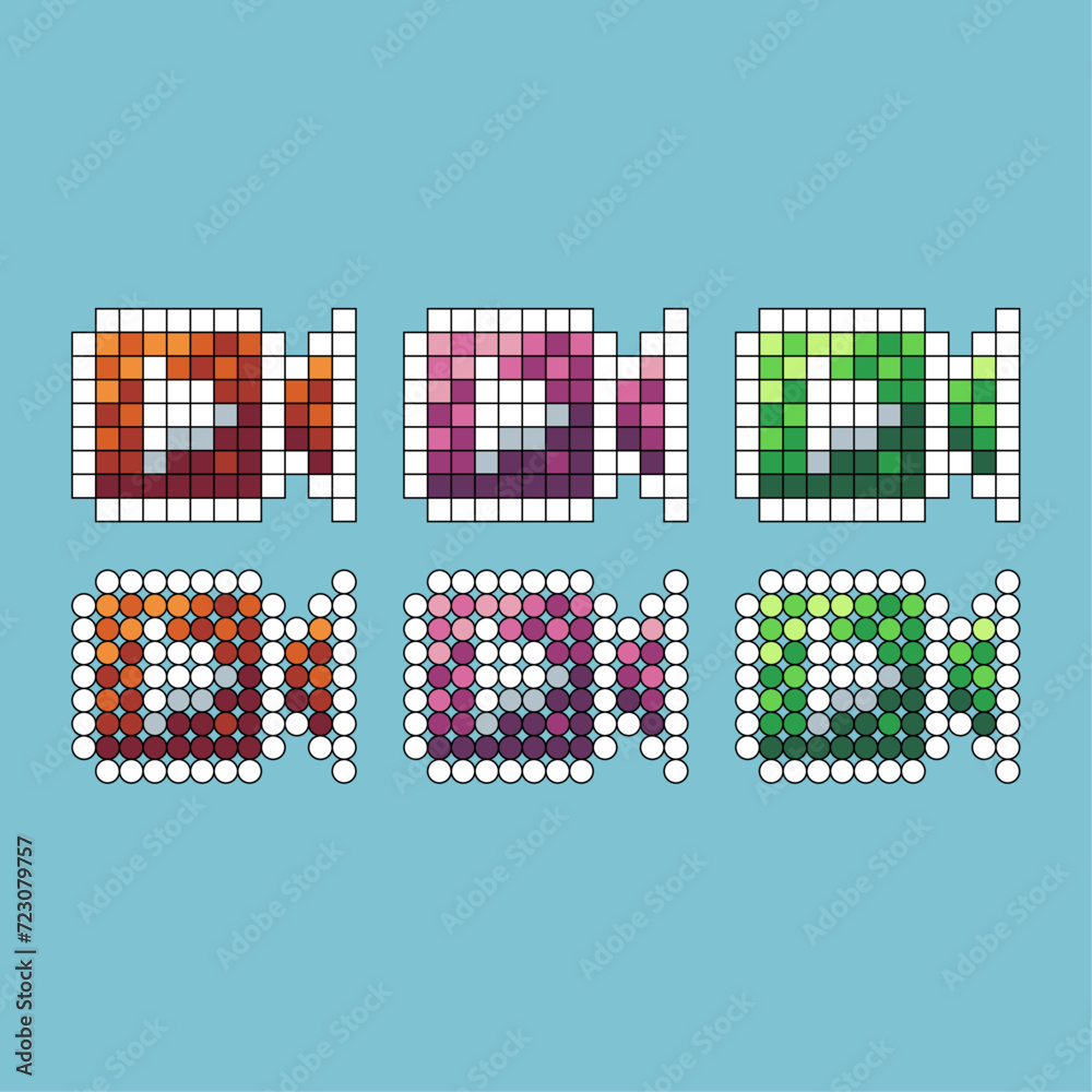 Poster pixel art stroke sets icon of camera icon variation color.camera play icon on pixelated style. 8bits