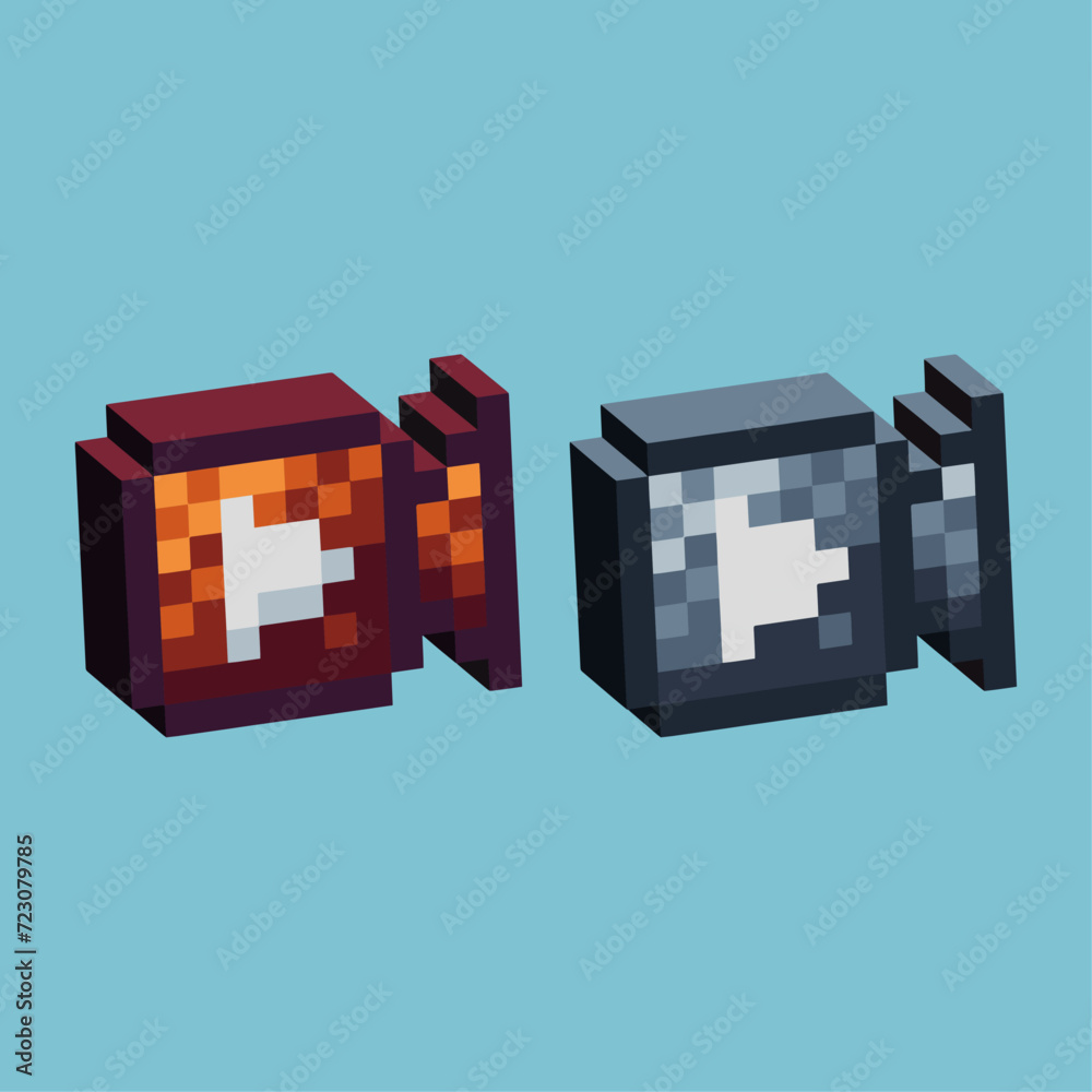 Poster isometric pixel art 3d of camera icon for items asset.camera play icon on pixelated style.8bits perf
