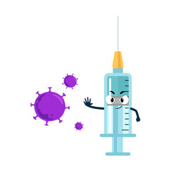 Vaccine and syringe mascot illustration fights againts coronavirus, Anti virus medicine fights back covid-19