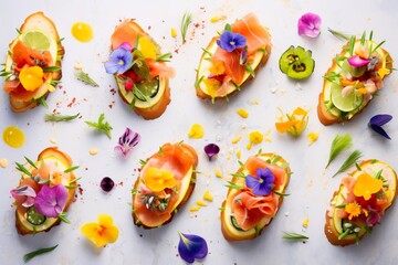 Vibrant Delight: Overhead Shot of Colorful Mixed Vegetable Bruschettas