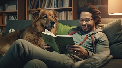 portrait of a man with a dog sitting in sofa and  reading book ,relaxing together at home - obrazy, fototapety, plakaty
