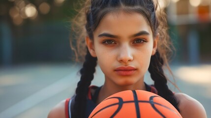 A beautiful young teenage girl with black hair holding an orange basketball ball, smiling and looking at the camera. Pretty female teenager standing on a basketball court, hoop blurred in the back