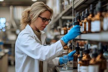  focused scientist in a lab coat and gloves meticulously analyzes chemical solutions in amber bottles, showcasing precision and expertise. Ideal for science, research, and healthcare content - obrazy, fototapety, plakaty