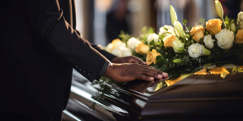 selective focus of hands over a coffin decorated with flowers during a funeral celebration