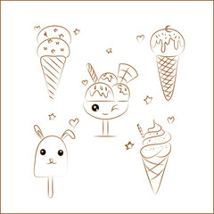 Ice cream set. Summer food, soft ice creamy balls of dessert in cup and waffle cone, hand drawn sketch of sweet chocolate and vanilla frozen sundae.