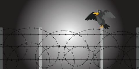 A crow sits on a barbed wire fence. A flashlight shines. Vector illustration.