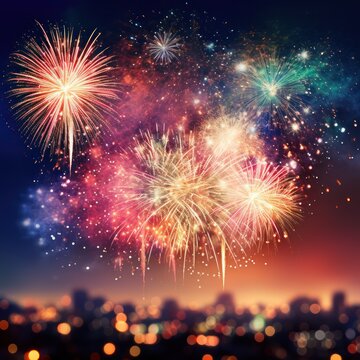 illustration - colorful fireworks in the night sky, bokeh blur background, out of focus city lights, background image.