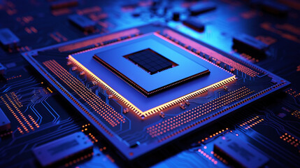 Fototapeta premium Concept CPU. Close-up of modern computer micro chip in neon light. Generative AI