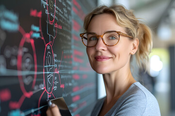woman Professional working on a complex diagram on a digital screen, showcasing a strategic plan or data analysis. Ideal for business, tech, and educational content.