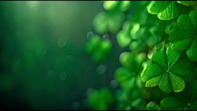 Four-leaf clover background. Shamrock. St. Patrick's Day green leaves background. Patrick Day backdrop with growing shamrock leaf extreme close-up. Patrick Day pub party. Four-leaf clover background s