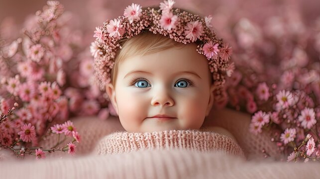 Little Girl In A Wreath Of Pink Flowers