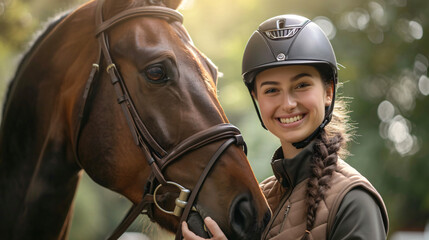 Young woman in horse riding suit and her beautiful pet outdoors on sunny day, horse riding school concept