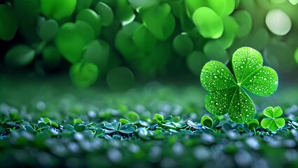 Four-leaf clover background. Shamrock. St. Patrick's Day green leaves background. Patrick Day backdrop with growing shamrock leaf extreme close-up. Patrick Day pub party. Four-leaf clover background s