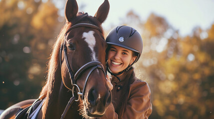 Young woman in horse riding suit and her beautiful pet outdoors on sunny day, horse riding school concept - Powered by Adobe