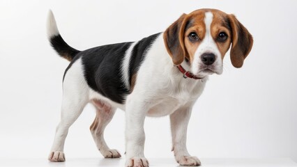 Tricolor beagle dog on grey background
