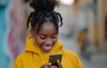 Fototapeta na wymiar Relaxed young african woman texting on her phone. Smiling girl using smartphone at street, messaging or browsing social networks. amazed girl using device gadget