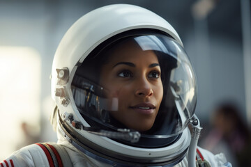 African woman astronaut in a spacesuit.