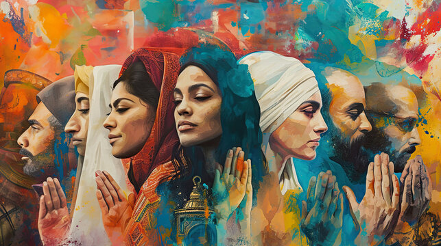 drawing on the wall, people of different religions praying together, symbolizing Peoples Friendship Day, harmony day