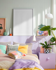 A colorful purple pastel home interior bedroom with large framed art print mockup, with large window, sunlight streams in © Amy