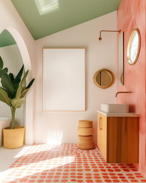 A colorful green pink pastel home interior mediterranean bathroom with window, large framed art print mockup, sunlight streams in