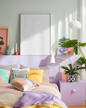 A colorful purple pastel home interior bedroom with large framed art print mockup, with large window, sunlight streams in