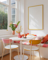 A colorful pastel home interior dining tea room with large framed art print mockup, with large window, sunlight streams in