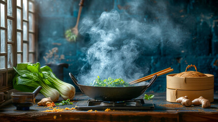 A lively Asian stir-fry in a wok and a bamboo steamer, set in a rustic kitchen.
