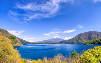 Naklejka na ściany i meble 春の富士山と本栖湖