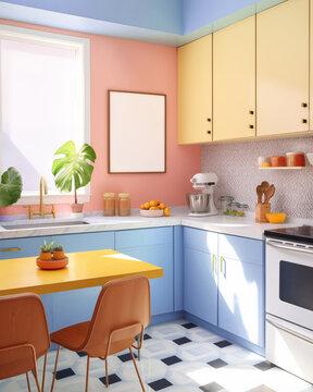 A colorful blue yellow pastel home interior kitchen with large framed art print mockup, with large window, sunlight streams in