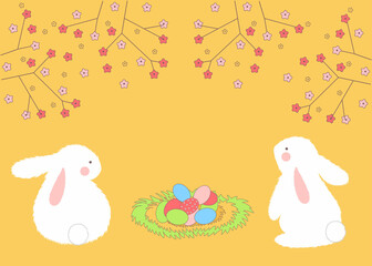 White fluffy Easter bunnies with eggs on hay sitting under a flowering tree. Spring Easter illustration on bright yellow background. Spring arrival concept 2024. vector illustration eps10. 