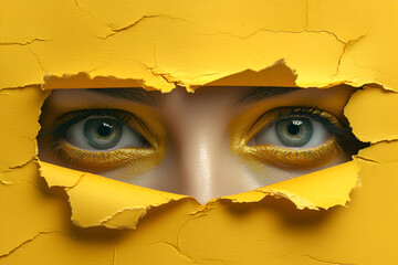 A pair of human eyes peering through an irregularly shaped opening in a bright yellow surface, creating a striking contrast and a sense of curiosity