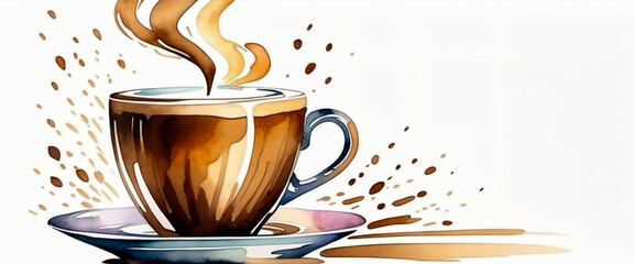 A cup of coffee drawn on a white background. Expressing the scent of coffee. Illustration in watercolor style.