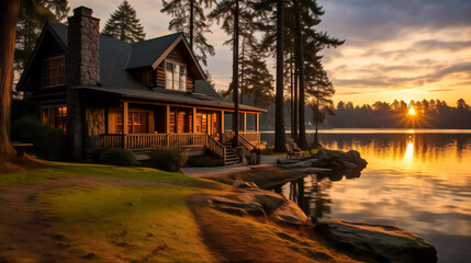 Cozy lakeside cabin at sunrise with warm glowing lights and tranquil water
