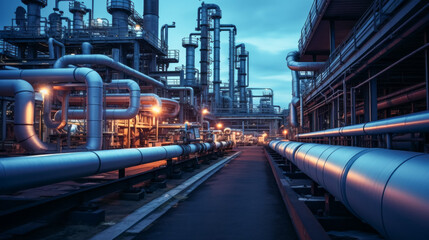 Industrial zone, Steel pipelines in blue tones at night