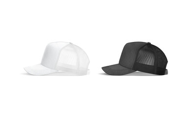 Blank white trucker hat mockup, profile view