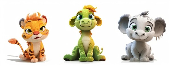 cutout set of 3 cartoon animal toys characters isolated on white background - Generative AI
