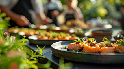 Elegant Gourmet Salmon Dishes Prepared, Exquisite salmon dishes artfully arranged on a table,...