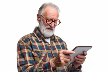 Old man use tablet isolated on white background, Generative Ai