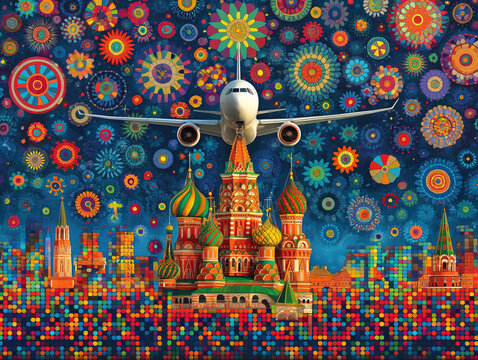Kremlin Moscow and plane illustration pop art cartoon postcard colorful, travel Russia