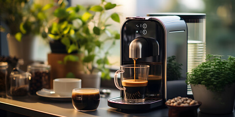 Coffee machine with cup on table in kitchen