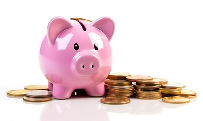 Sad and worried pink pig piggy bank next to a few gold coins, isolated on white background. Investment failure, bankruptcy concept. Generative Ai