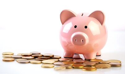 Sad and worried pink pig piggy bank next to a few gold coins, isolated on white background. Investment failure, bankruptcy concept. Generative Ai