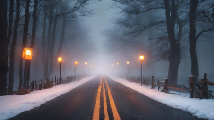 Warning: Road Sign on Snowy Street Under Blue Sky, Symbolizing Caution, Success, and Safety in Changing Directions