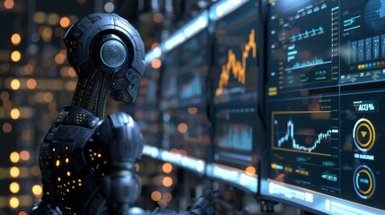 A digital art piece of a sophisticated robot analyzing stock market trends on multiple futuristic screens, symbolizing advanced trading technology Created Using Modern digital style, robot with - Powered by Adobe