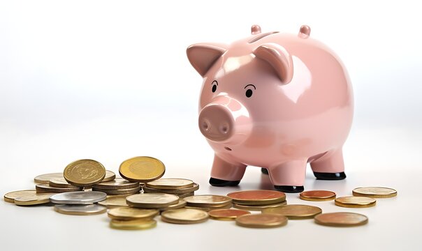 Sad and worried pink pig piggy bank next to a few gold coins, isolated on white background. Investment failure, bankruptcy concept. Generative Ai