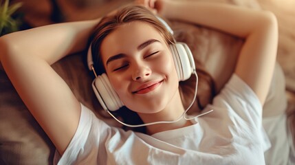 Smiling young woman relaxing with listening music by headphones. AI generated image