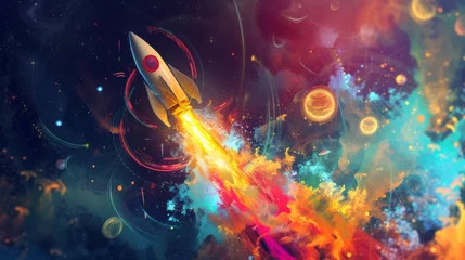 Foto op Canvas A dynamic depiction of a rocket blasting off, surrounded by a vortex of colorful abstract shapes and symbols representing innovation and creative thinking The scene is set against a cosmic back © kwanchanok