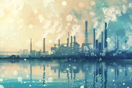 A digital illustration showing a factory by a large body of water, with carbon dioxide bubbles rising and H2O molecules in the air Created Using Digital art style, factory by the water, visible