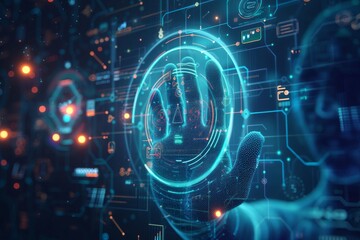 A futuristic concept art of a person undergoing fingerprint and facial recognition for 2fa login, amidst a backdrop of advanced digital interfaces Created Using futuristic, concept art, person,